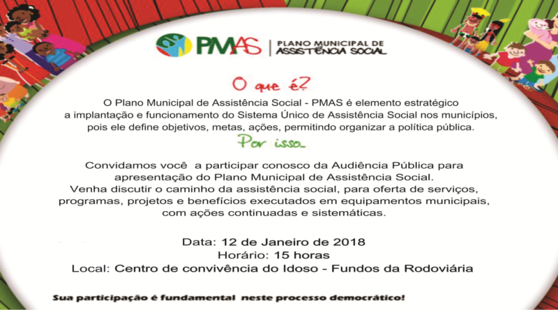 Convite: audiência pública para a análise do texto base do Plano Municipal de Assistência Social.